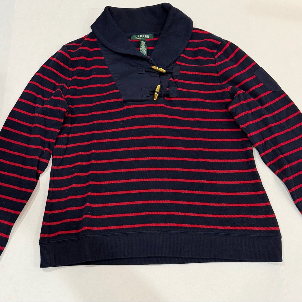 Lauren Ralph Lauren Women's Navy Red Striped Cotton Collared Pullover Sweater L